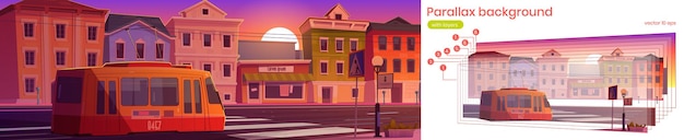 Free vector parallax background with city and tram at sunset