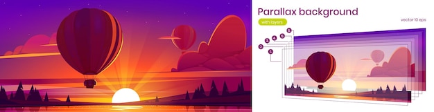 Free Vector parallax background with hot air balloon fly