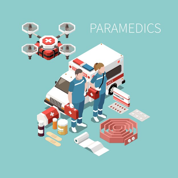 Paramedics isometric background with people providing first aid drone delivers parcel with medicines vector illustration