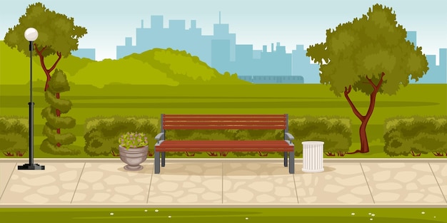 Park composition with outdoor landscape of city park with green hills lane with bench and cityscape illustration