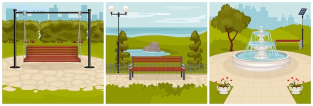 Free vector park elements design concept with square compositions of cityscape and park lanes with bench and fountain illustration
