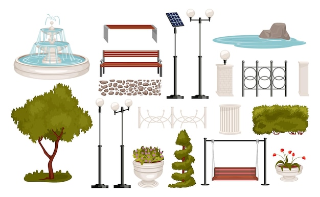 Park elements set with isolated icons of city park architectural elements with fence segments benches trees vector illustration