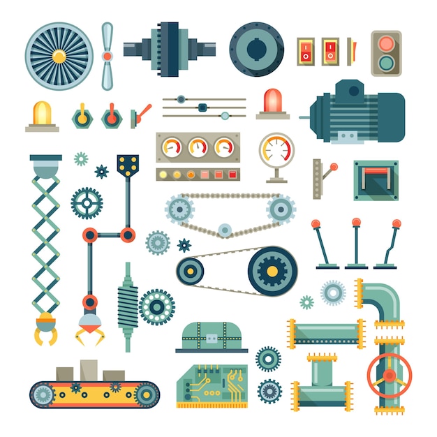 Free Vector parts of machinery and robot flat icons set.  mechanical equipment for industry, technical engine mechanic, pipe and valve, absorber and  button