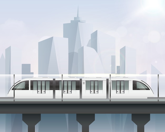 Free Vector passenger tram train realistic composition with view of cityscape and light railway with modern metropolitan train illustration