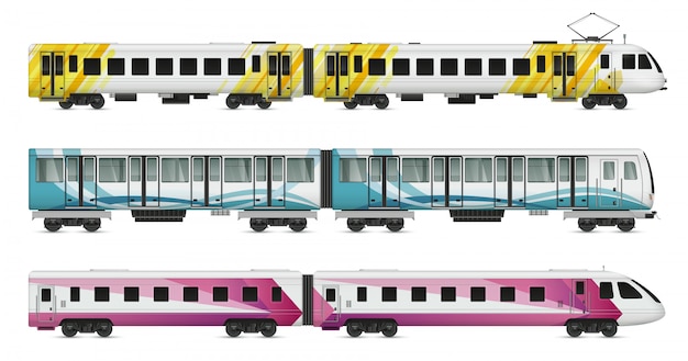 Free Vector passenger tram train realistic mockup set of suburban underground metropolitan and intercity trains on blank illustration