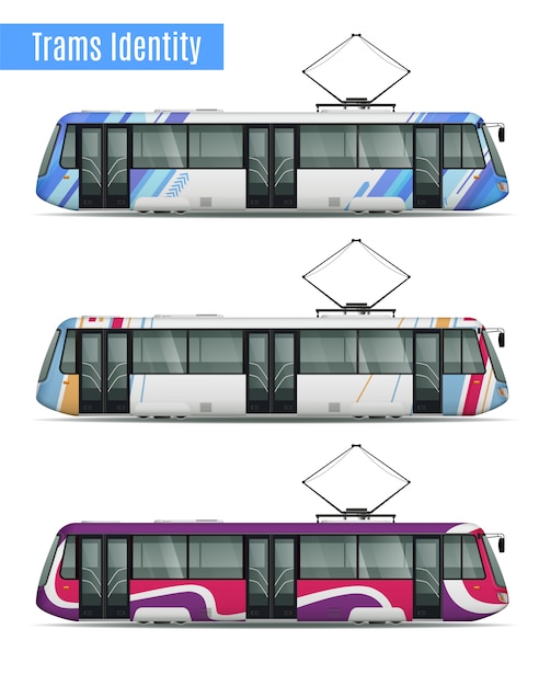 Free Vector passenger tram train realistic mockup set of three similar tram cars with different livery coloring patterns illustration