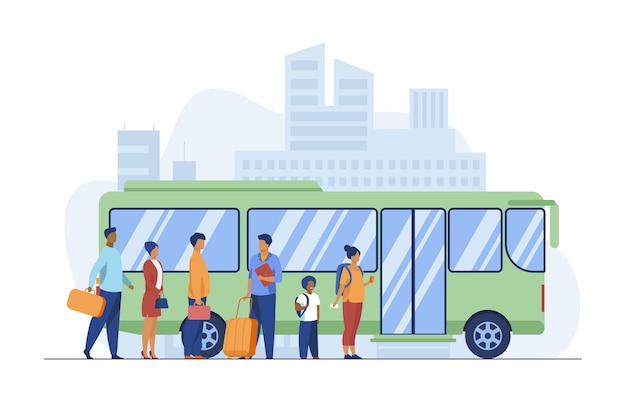 Free Vector passengers waiting for bus in city. queue, town, road flat vector illustration. public transport and urban lifestyle