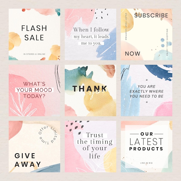 Free Vector pastel watercolor memphis social template set