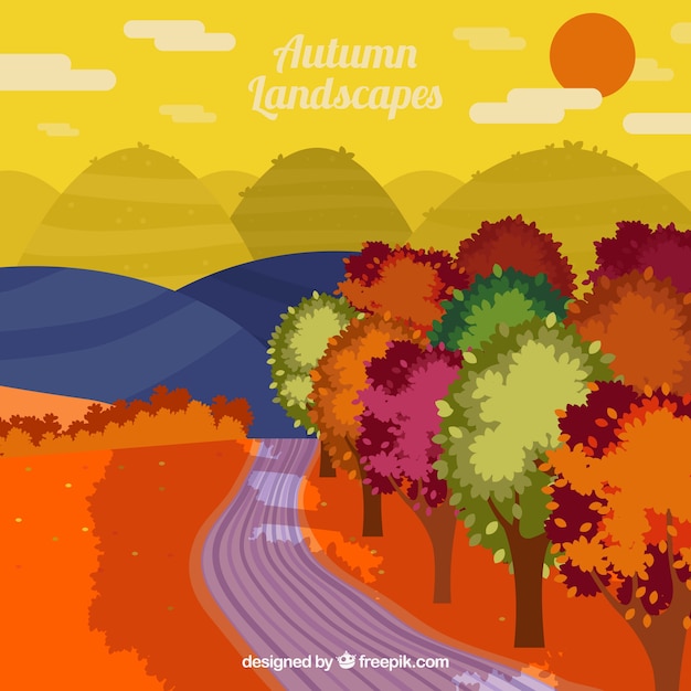 Free Vector pathway with colorful trees and mountains background