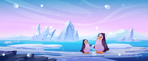 Free vector penguins on snowy arctic landscape