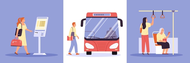 Free Vector people buying tickets in terminal and getting on bus flat set isolated vector illustration