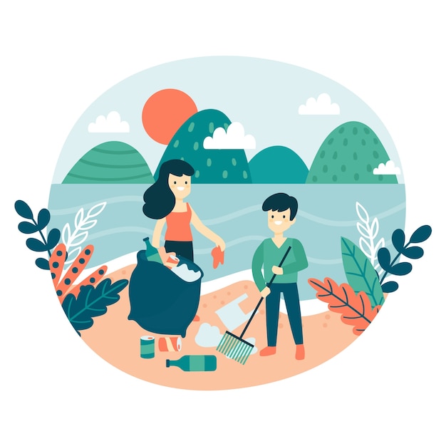 Free Vector people cleaning beach