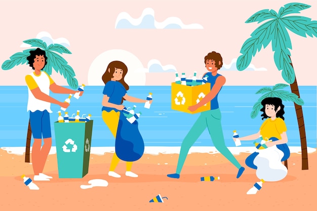 Free Vector people cleaning debris on beach