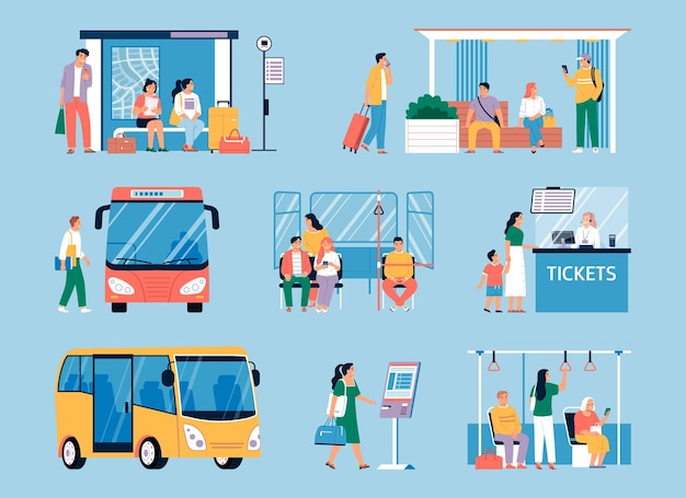 Free Vector people commuting waiting at bus stop buying tickets flat set isolated on color background vector illustration