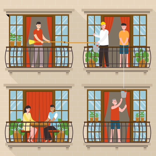 Free vector people doing leisure activities on balconies