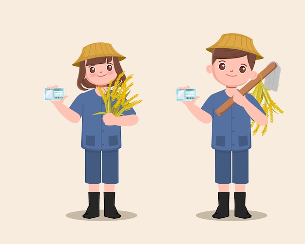 Free vector people farmer holding national id card agriculturist cultivator character with paddy rice