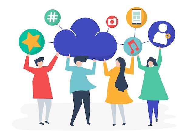 Free Vector people holding cloud and social networking icons 