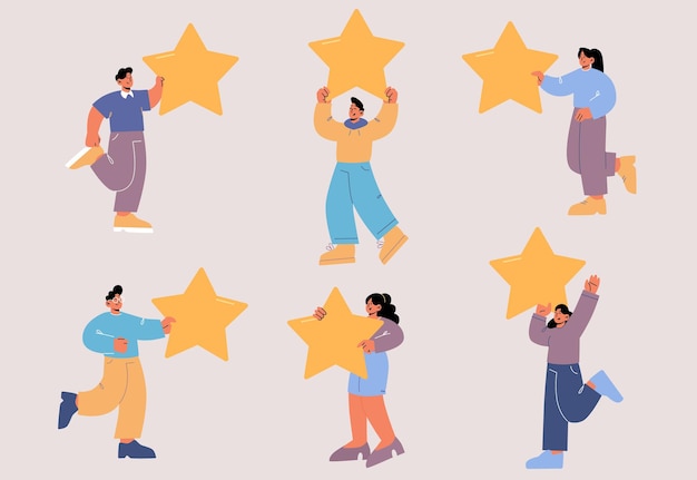 Free Vector people holding stars, rating, consumer feedback or customer review evaluation, satisfaction level and critic concept. tiny clients with huge gold stars in hands, line art flat vector illustration