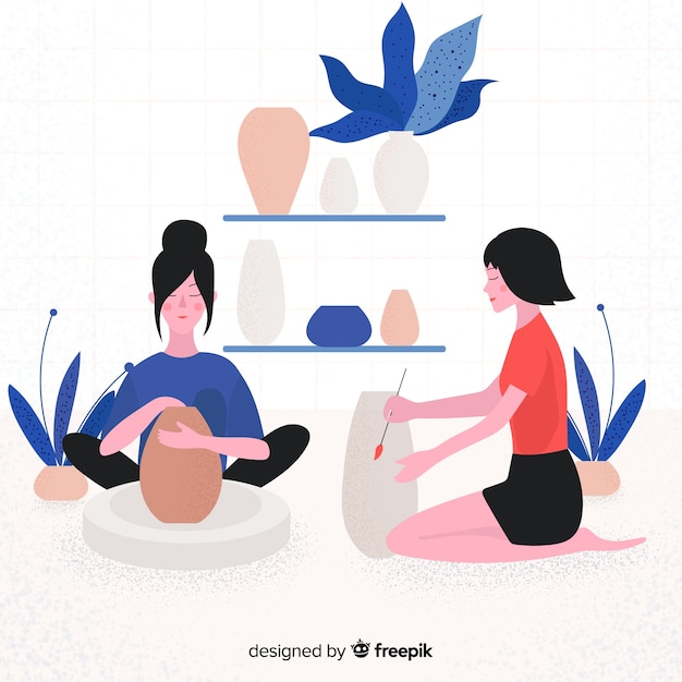 Free Vector people making pottery flat design