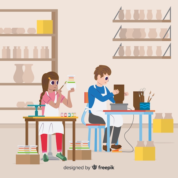 Free Vector people making pottery flat design