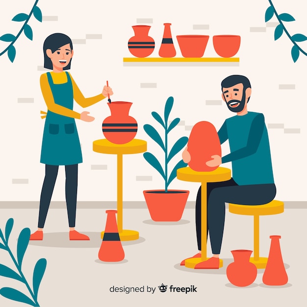 People making pottery flat design