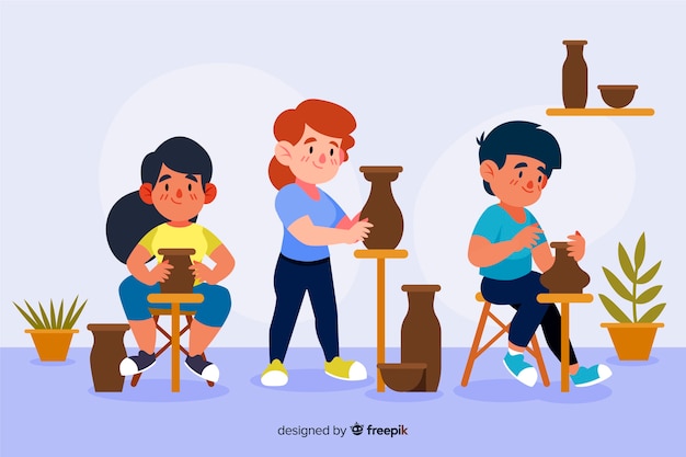 Free Vector people making pottery flat design