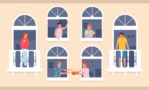 Free vector people neighbors communicating flat composition people lean out of windows and talk to each other vector illustration