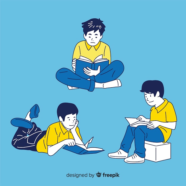 Free vector people reading in korean drawing style