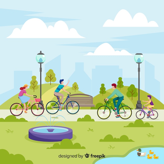 Free vector people riding bicycles in the park