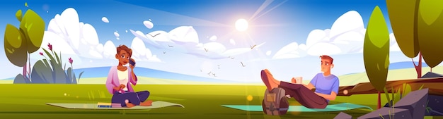 Free vector people sitting on lawn in sunny park cartoon