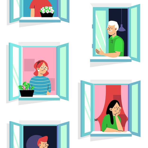 Free vector people spending time on their windows