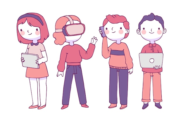 Free vector people standing and using technology devices