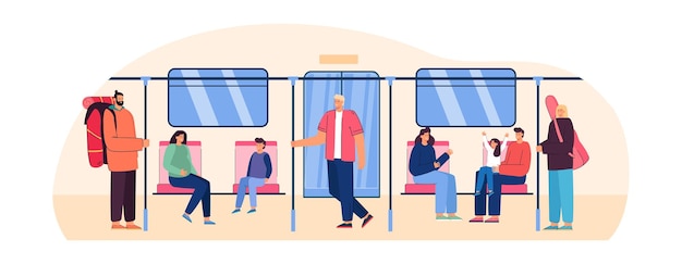 Free Vector people in subway train flat vector illustration. pregnant woman, family with kids, tourist with backpack and girl with guitar in metro or tube talking, standing and sitting. transport, vehicle concept