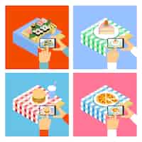 Free vector people taking photo of food with smartphone. illustration set