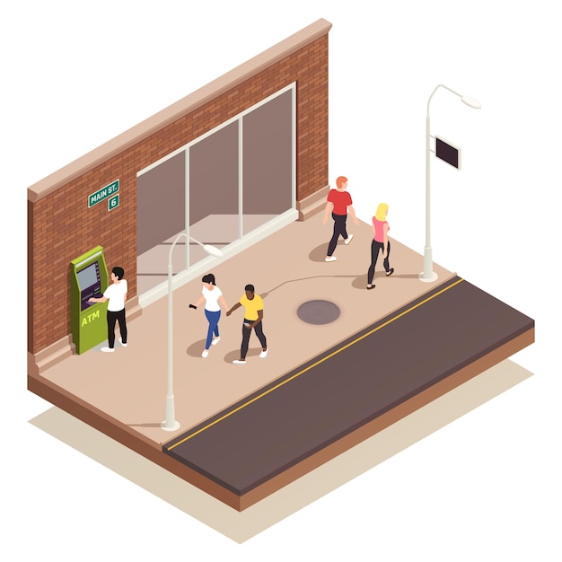 Free vector people using outdoor atm and walking along street isometric illustration