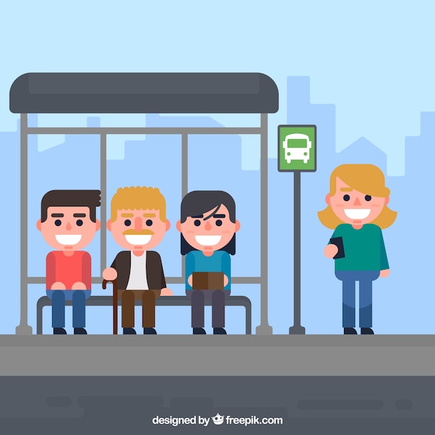 Free Vector people waiting for the bus with flat design