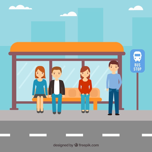 People waiting for the bus with flat design