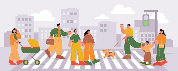 Free vector people walk on pedestrian crosswalk