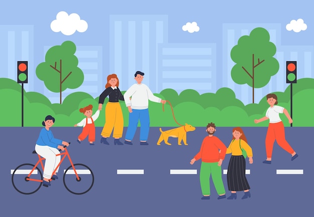 Free Vector people walking along city street flat vector illustration. female cyclist riding bicycle or bike, family with kid walking dog, woman running. park in background. outdoor activity, town concept