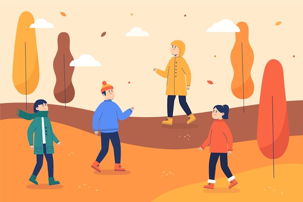 Free vector people walking in autumn illustrated