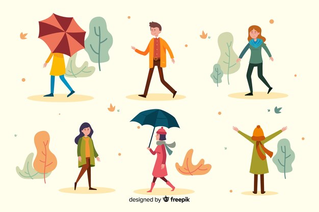 People walking in the autumn park flat design