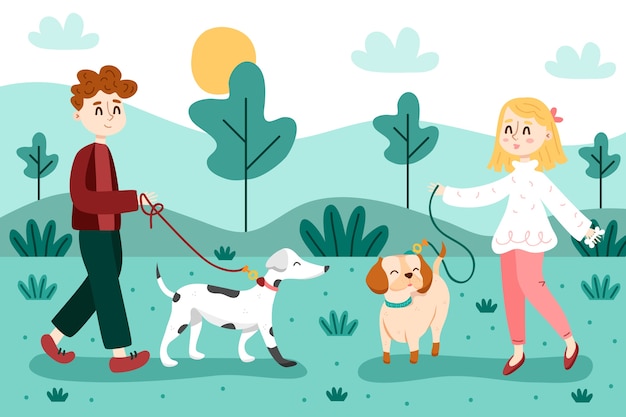 Free Vector people walking the dog