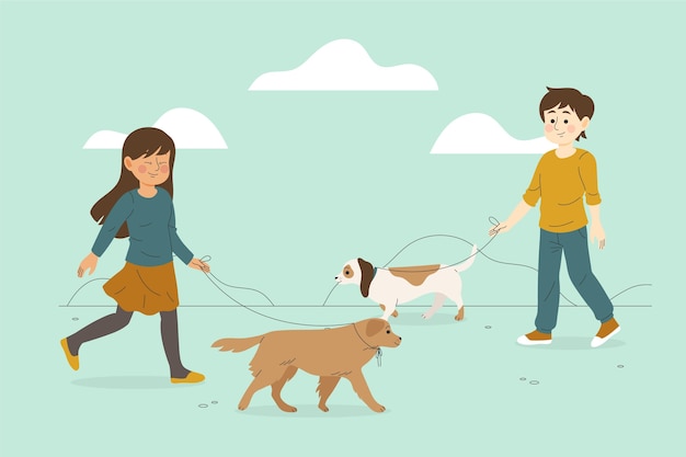 Free Vector people walking the dog