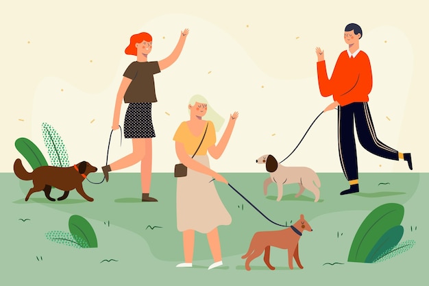 Free Vector people walking in the park with their dogs