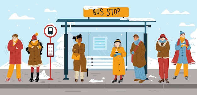 People in warm clothes on bus stop in winter