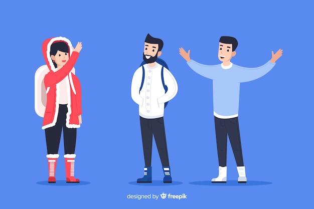 Free vector people wearing winter clothes and waving at each other