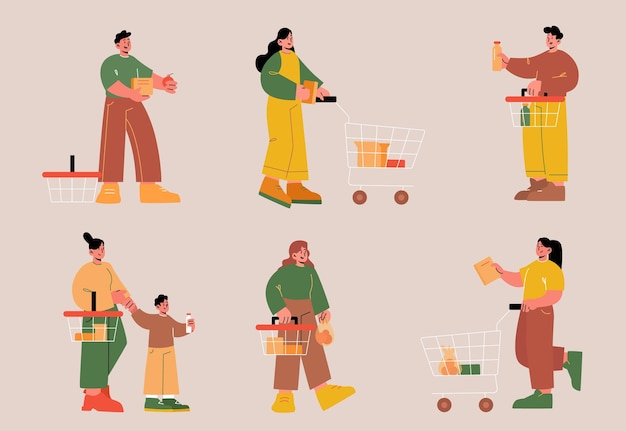 Free Vector people with shopping carts and baskets in store