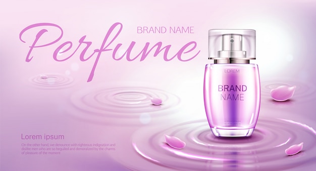 Free Vector perfume bottle on water surface with circles. banner template or advertising