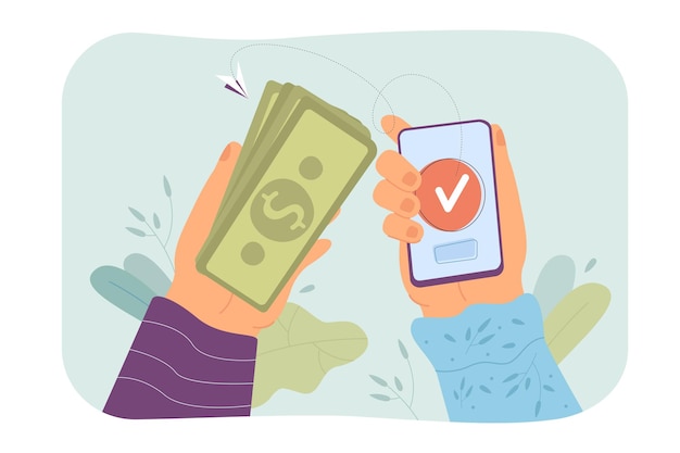 Person sending money using phone flat vector illustration. Hands holding cash and smartphone with banking app on its screen. Money transferring concept for banner, website design or landing web page