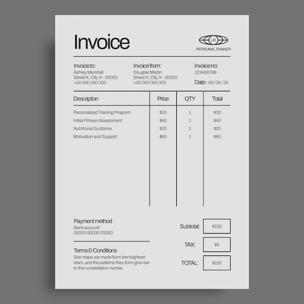 Personal trainer invoice template design